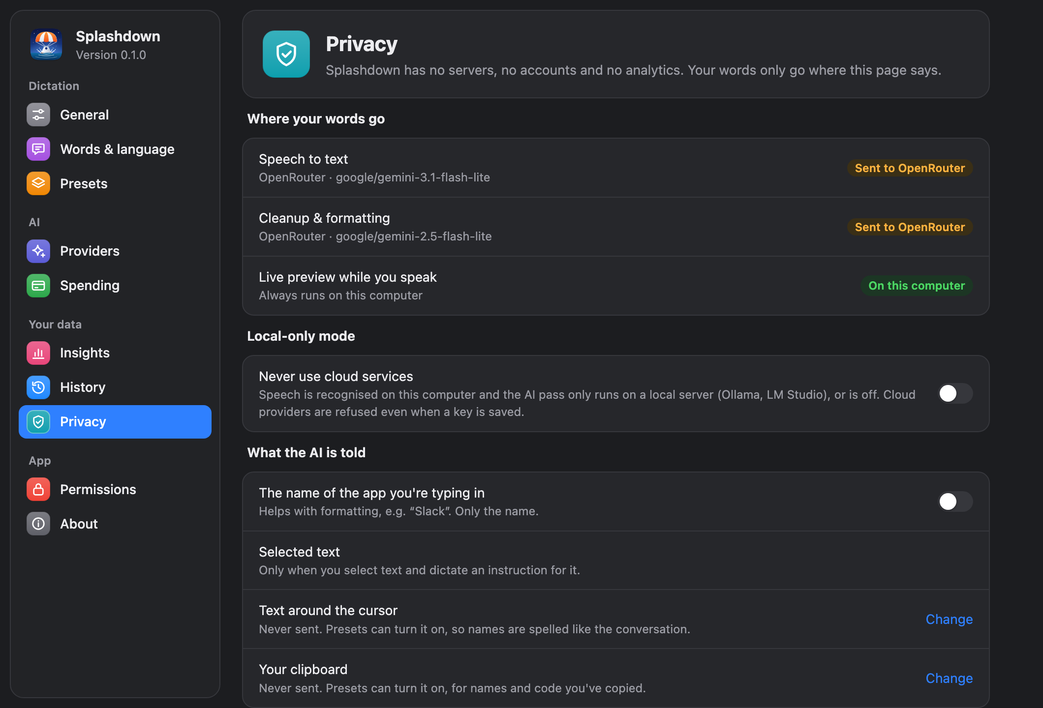 Settings, Privacy: where speech and text go for the current settings, and local-only mode